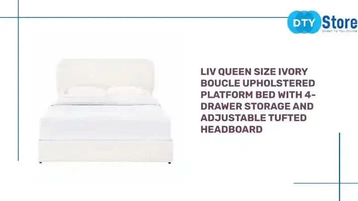 Queen Bed Ivory Boucle Upholstered 4-Drawer Storage Tufted Headboard