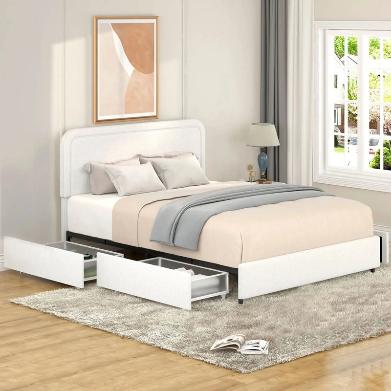 Queen Bed Ivory Boucle Upholstered 4-Drawer Storage Tufted Headboard