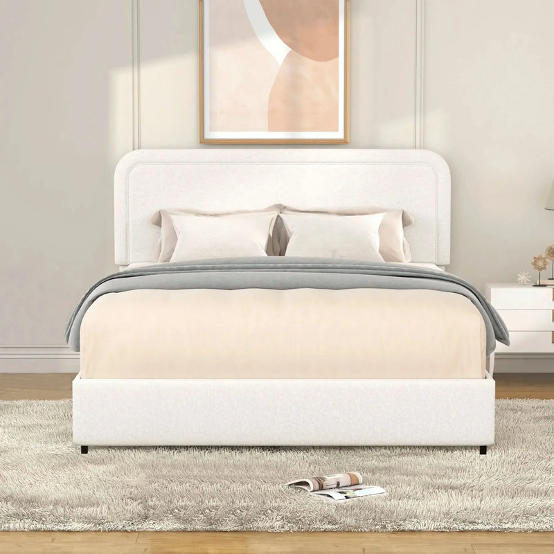 Queen Bed Ivory Boucle Upholstered 4-Drawer Storage Tufted Headboard