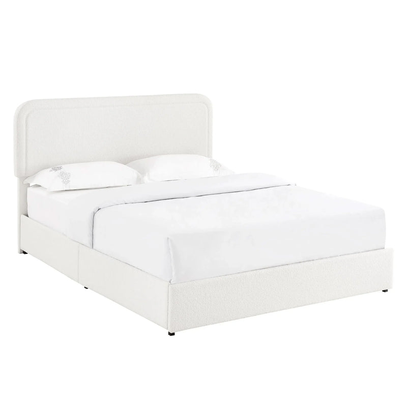 Queen Bed Ivory Boucle Upholstered 4-Drawer Storage Tufted Headboard