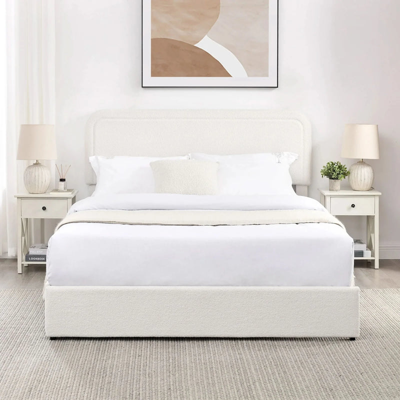 Queen Bed Ivory Boucle Upholstered 4-Drawer Storage Tufted Headboard