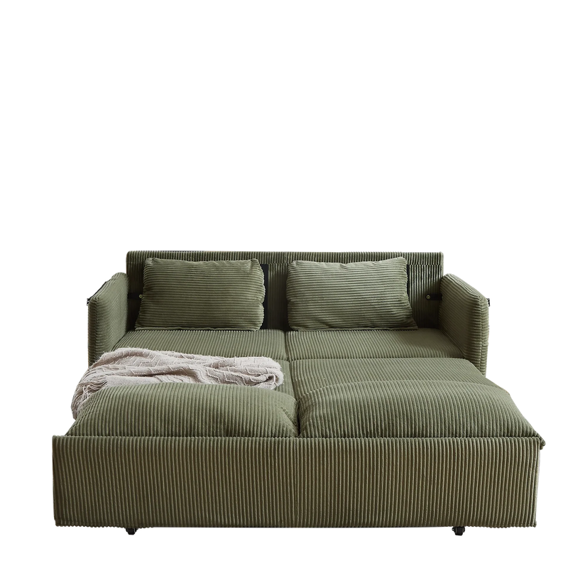 Sleeper Sofa Green Corduroy 3-in-1 Adjustable With Pullout Bed With Side Pockets