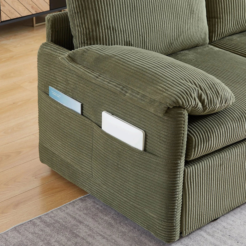 Sleeper Sofa Green Corduroy 3-in-1 Adjustable With Pullout Bed With Side Pockets