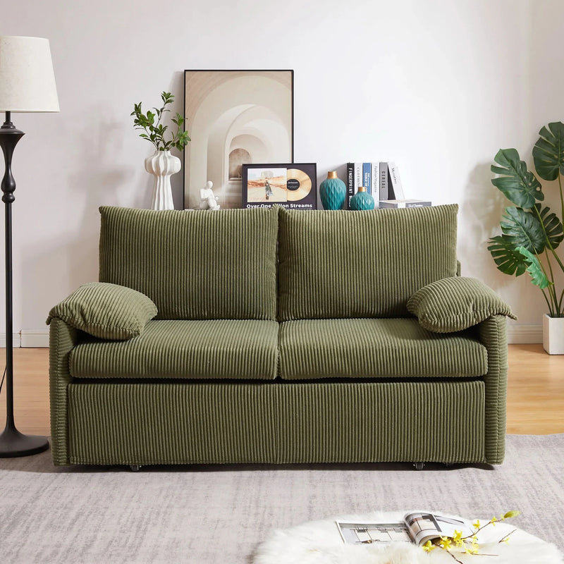Sleeper Sofa Green Corduroy 3-in-1 Adjustable With Pullout Bed With Side Pockets