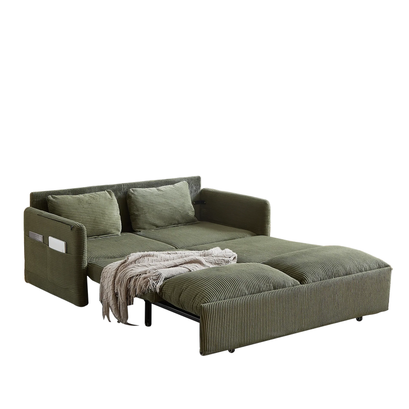 Sleeper Sofa Green Corduroy 3-in-1 Adjustable With Pullout Bed With Side Pockets