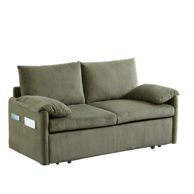 Sleeper Sofa Green Corduroy 3-in-1 Adjustable With Pullout Bed With Side Pockets