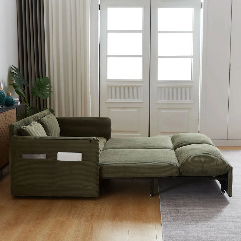 Sleeper Sofa Green Corduroy 3-in-1 Adjustable With Pullout Bed With Side Pockets