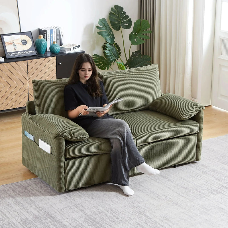 Sleeper Sofa Green Corduroy 3-in-1 Adjustable With Pullout Bed With Side Pockets