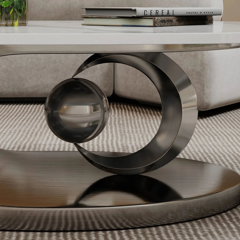 Marble Coffee Table Faux Marble Top & Sculptural Stainless Steel Base Media 6
