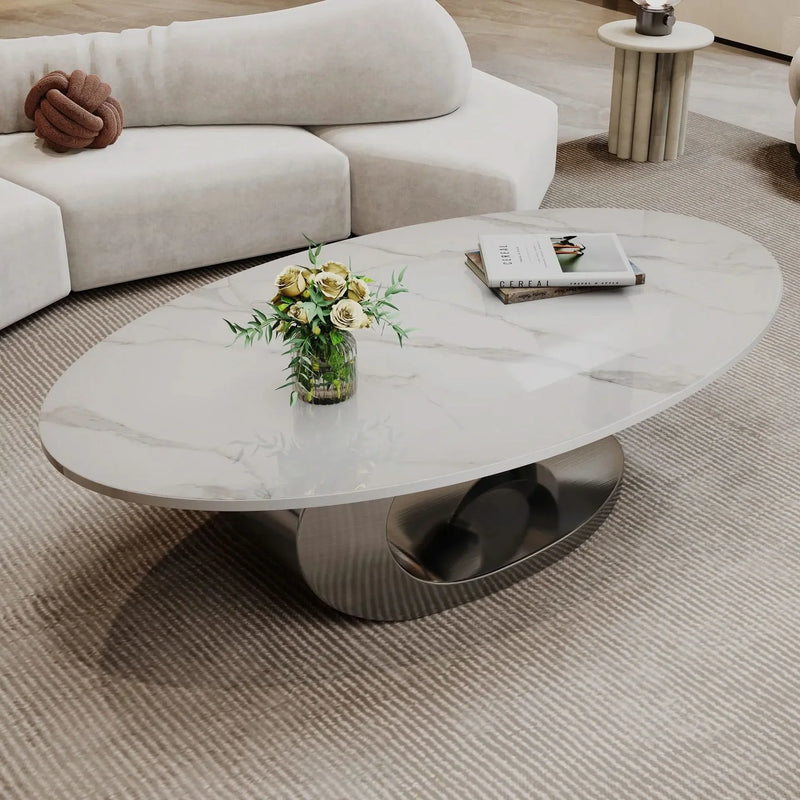 Marble Coffee Table Faux Marble Top & Sculptural Stainless Steel Base