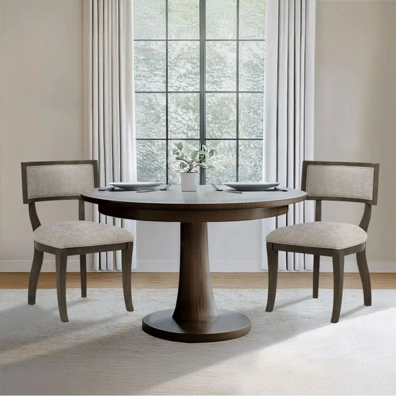 Upholstered Dining Chairs Beige Set Of 2 With Aged Brown Oak Finish
