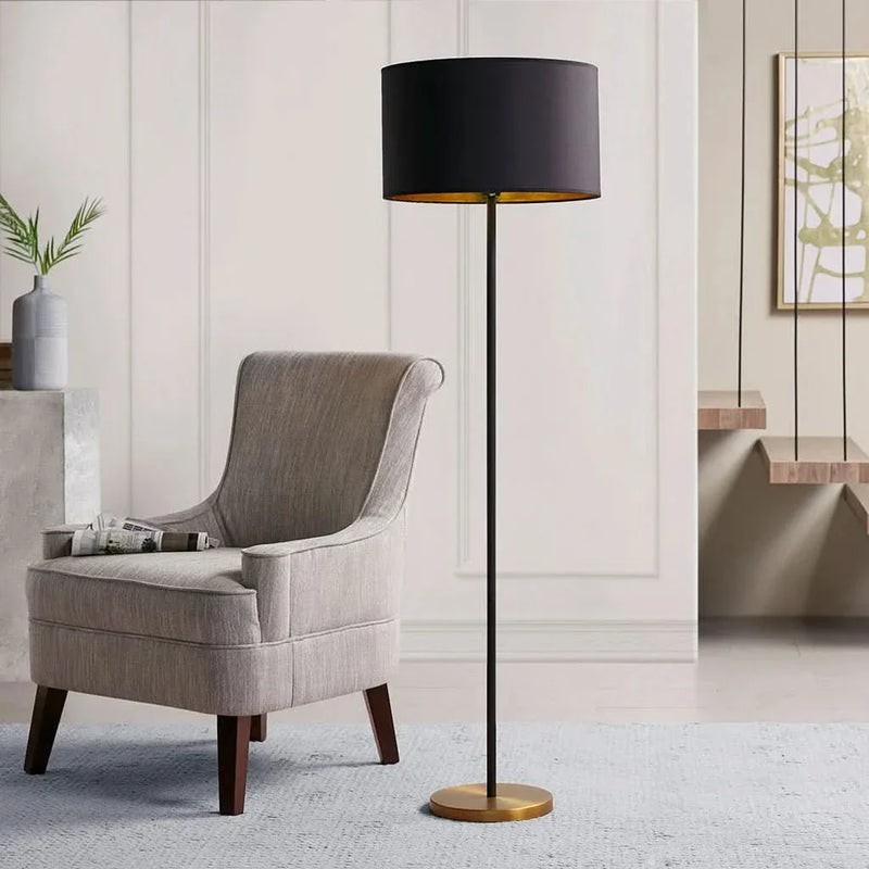 Floor Lamp Cotton Shade Drum Modern Metal Stem Living Room Lighting