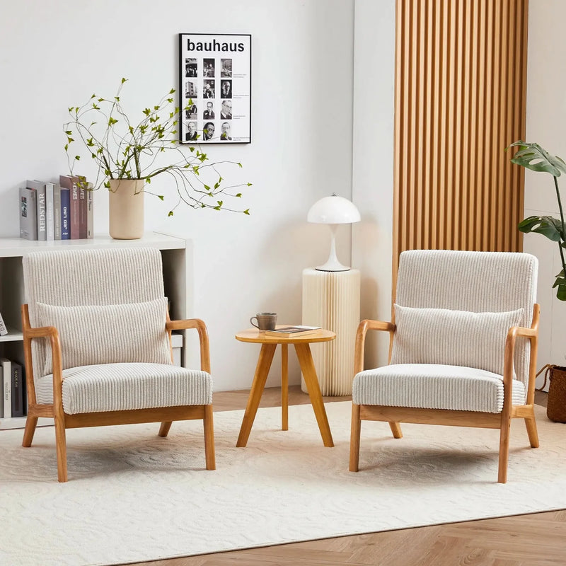 Mid-Century Modern Accent Chair with Pillow Upholstered Arm Chair in Beige Polyester and Solid Wood Frame (beige)