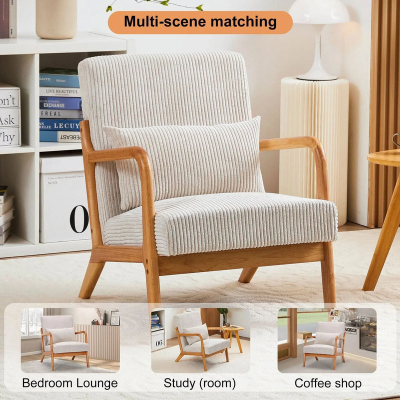 Mid-Century Modern Accent Chair with Pillow Upholstered Arm Chair in Beige Polyester and Solid Wood Frame (beige)