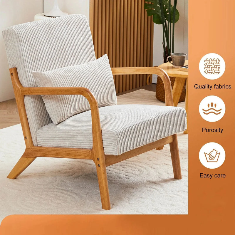 Mid-Century Modern Accent Chair with Pillow Upholstered Arm Chair in Beige Polyester and Solid Wood Frame (beige)