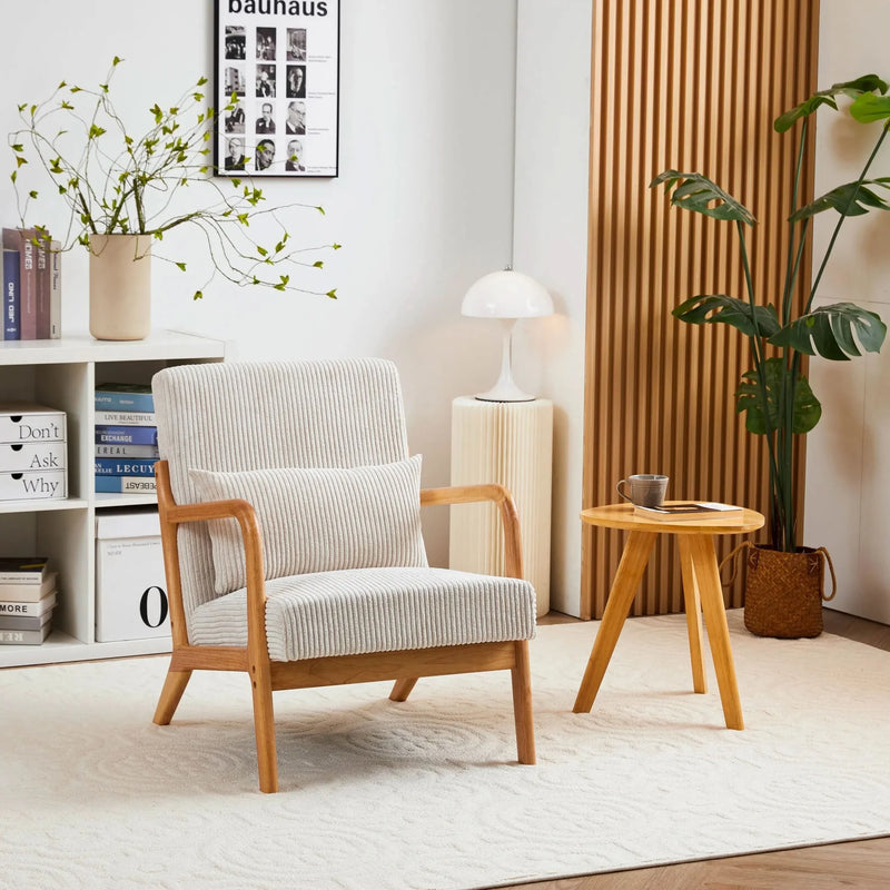 Mid-Century Modern Accent Chair with Pillow Upholstered Arm Chair in Beige Polyester and Solid Wood Frame (beige)