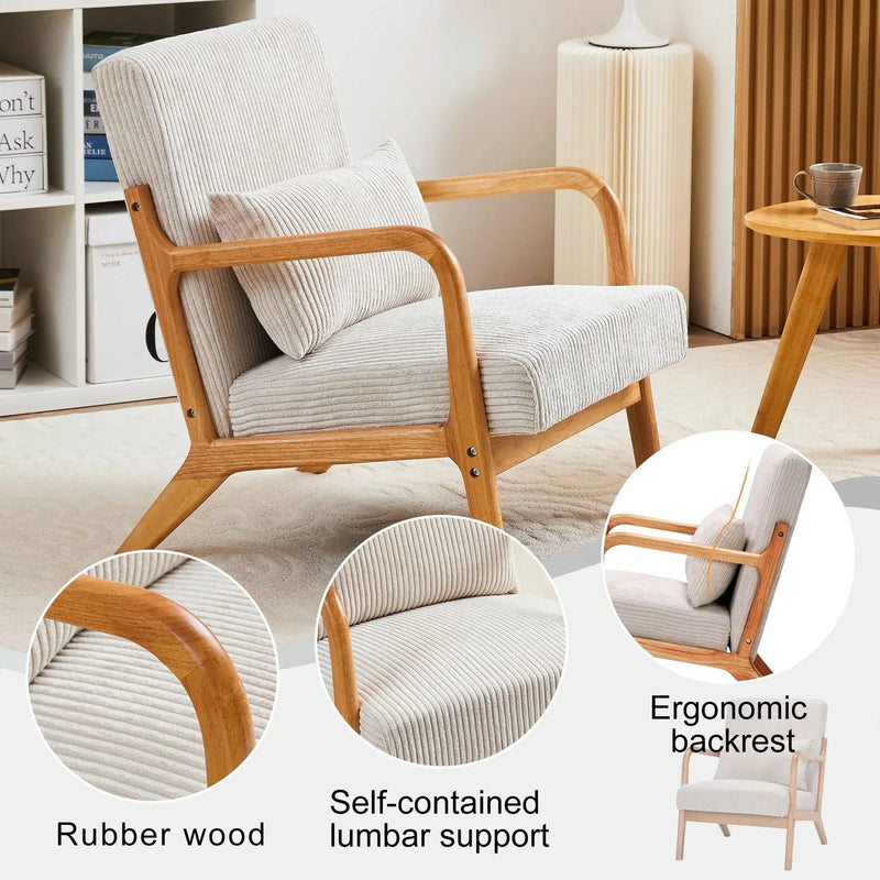 Mid-Century Modern Accent Chair with Pillow Upholstered Arm Chair in Beige Polyester and Solid Wood Frame (beige)