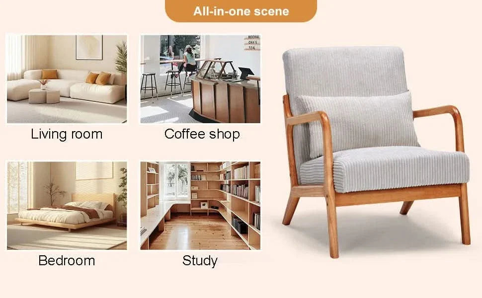 Mid-Century Modern Accent Chair with Pillow Upholstered Arm Chair in Beige Polyester and Solid Wood Frame (beige) Media 25