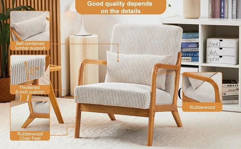 Mid-Century Modern Accent Chair with Pillow Upholstered Arm Chair in Beige Polyester and Solid Wood Frame (beige)