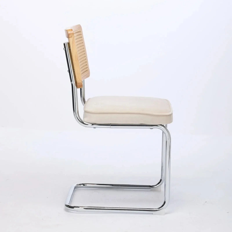 Dining Chairs Velvet Upholstery & Cane Back Beige Chrome Base Set Of 2