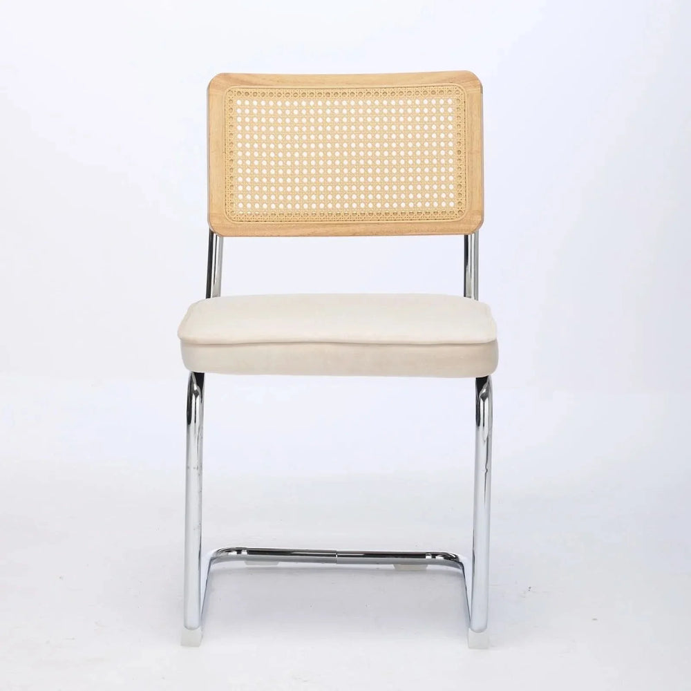 Dining Chairs Velvet Upholstery & Cane Back Beige Chrome Base Set Of 2 Media 2