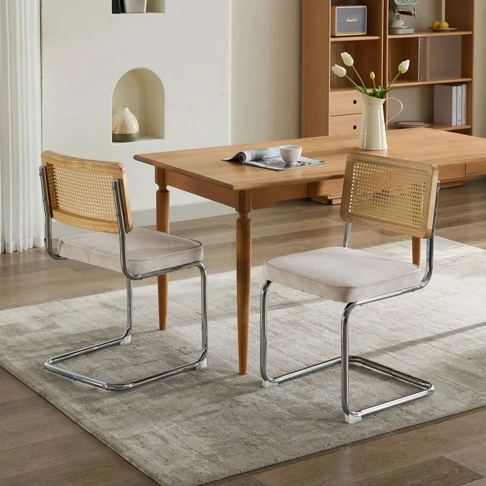 Dining Chairs Velvet Upholstery & Cane Back Beige Chrome Base Set Of 2 Media 12
