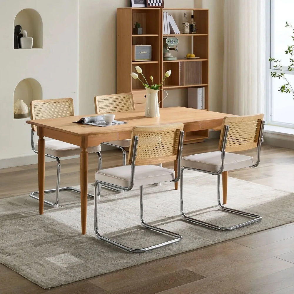 Dining Chairs Velvet Upholstery & Cane Back Beige Chrome Base Set Of 2 Media 15