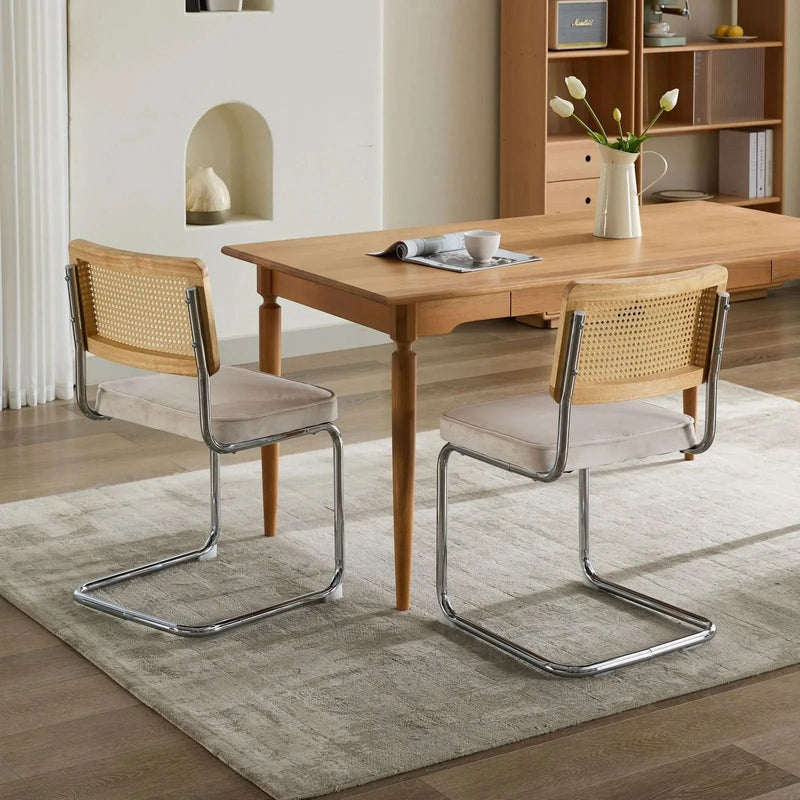 Dining Chairs Velvet Upholstery & Cane Back Beige Chrome Base Set Of 2