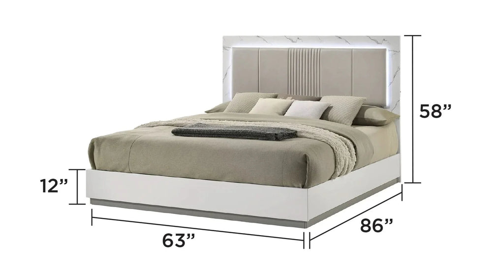 Queen Bedroom Set Marble & Lacquer Finish Minimalist LED Lighting White Media 3
