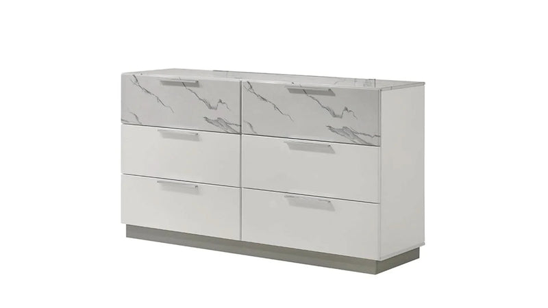 Queen Bedroom Set Marble & Lacquer Finish Minimalist LED Lighting White