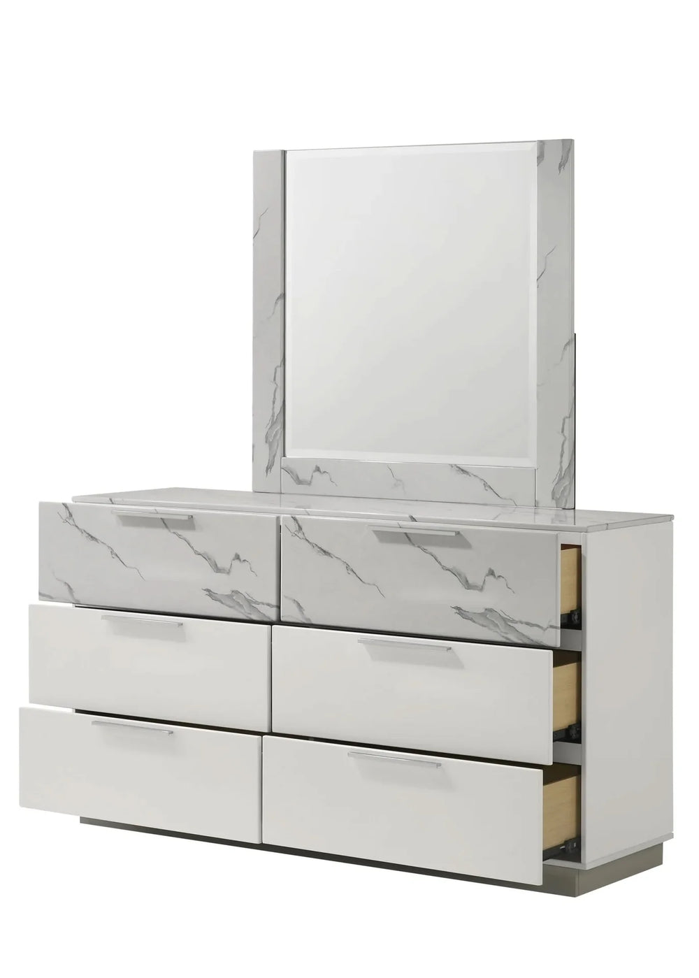 Queen Bedroom Set Marble & Lacquer Finish Minimalist LED Lighting White Media 12