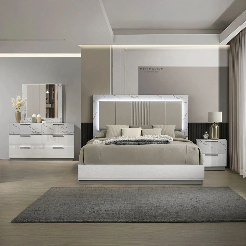 Queen Bedroom Set Marble & Lacquer Finish Minimalist LED Lighting White Media 1
