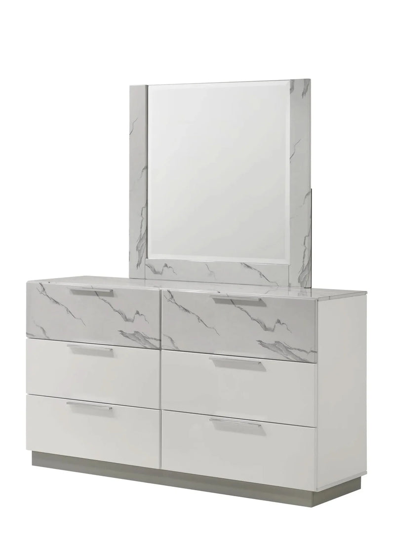 Queen Bedroom Set Marble & Lacquer Finish Minimalist LED Lighting White