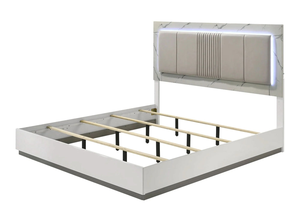 Queen Bedroom Set Two-Tone Marble & Lacquer Finish LED Lighting Collection Media 21