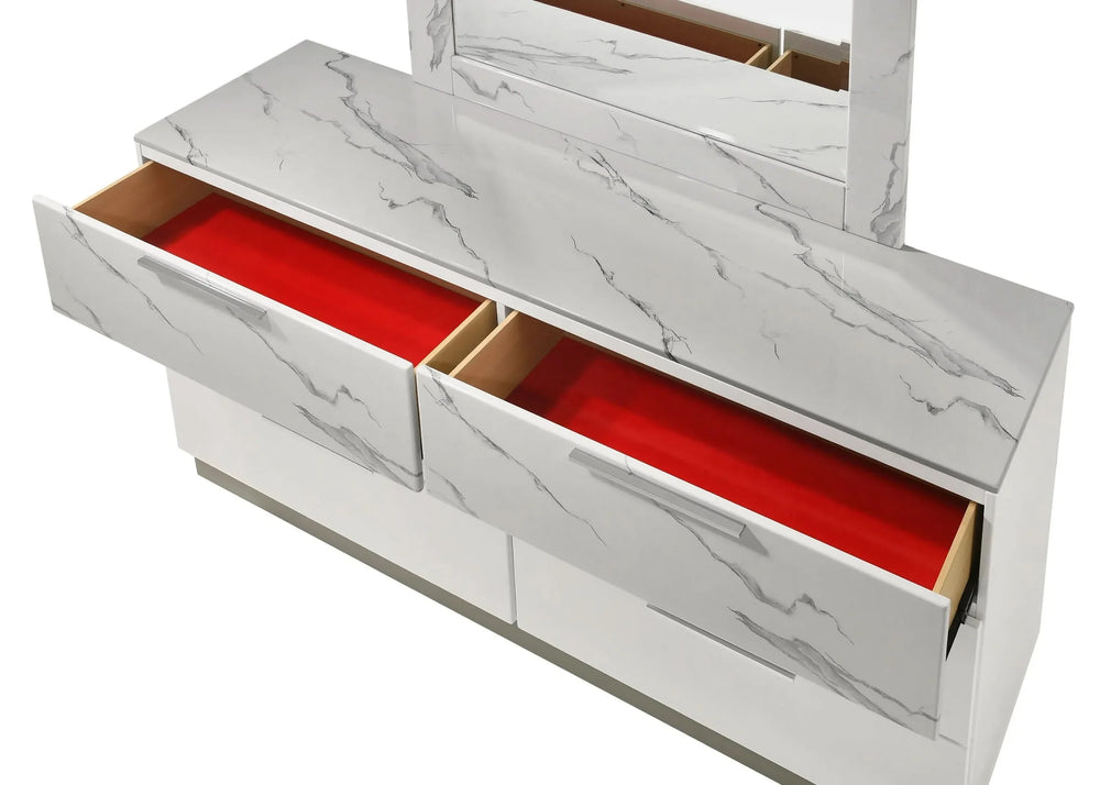 Queen Bedroom Set Two-Tone Marble & Lacquer Finish LED Lighting Collection Media 16