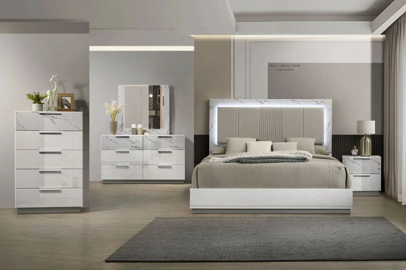 Queen Bedroom Set Two-Tone Marble & Lacquer Finish LED Lighting Collection
