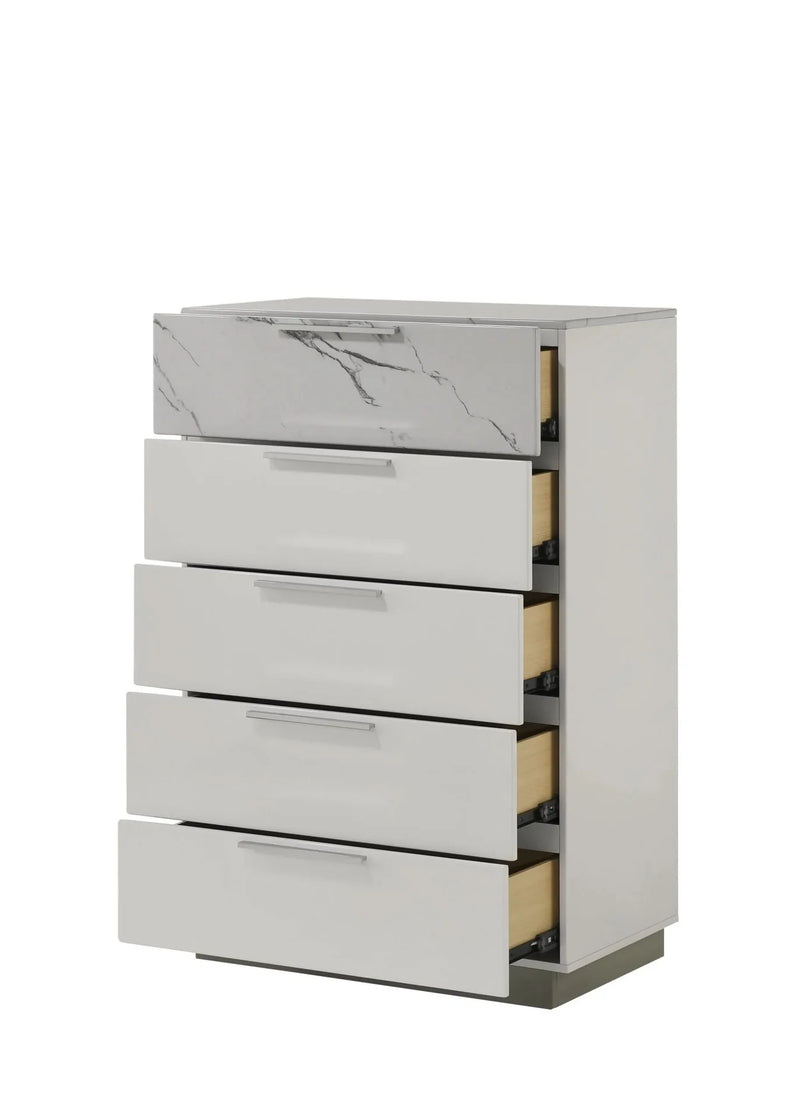Queen Bedroom Set Two-Tone Marble & Lacquer Finish LED Lighting Collection