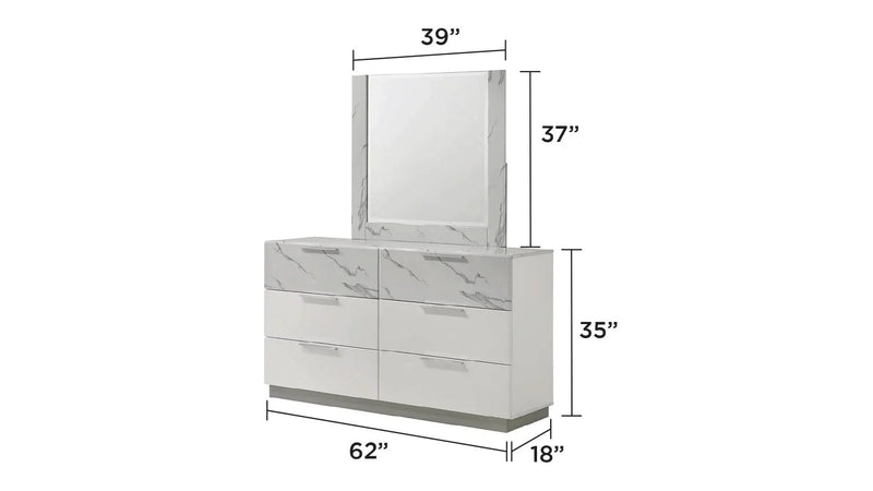 Queen Bedroom Set Two-Tone Marble & Lacquer Finish LED Lighting Collection
