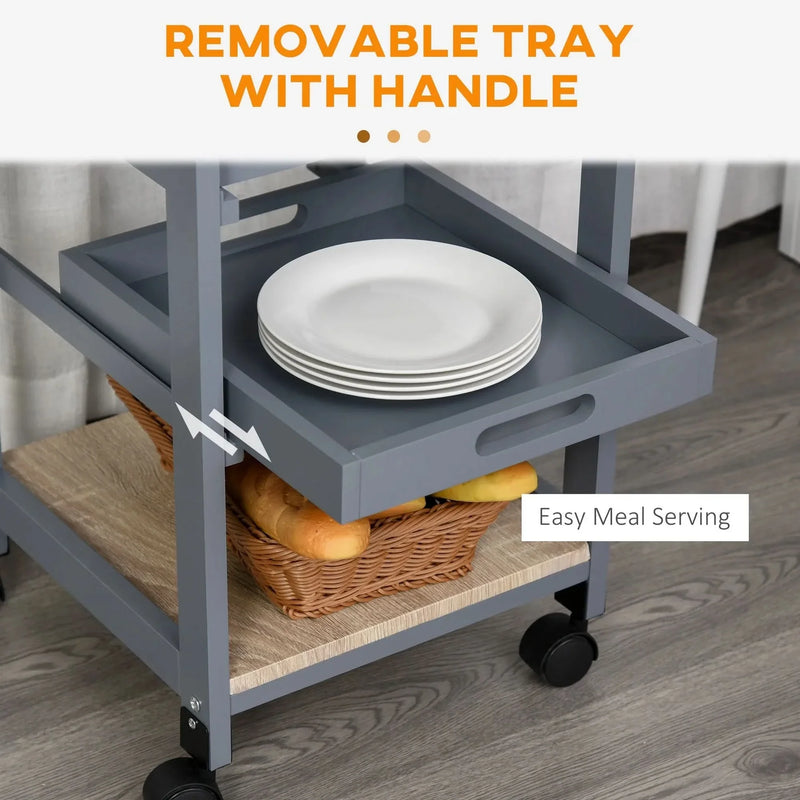 Kitchen Island Cart Wood Top With Drawer & Wire Basket On Wheels Grey