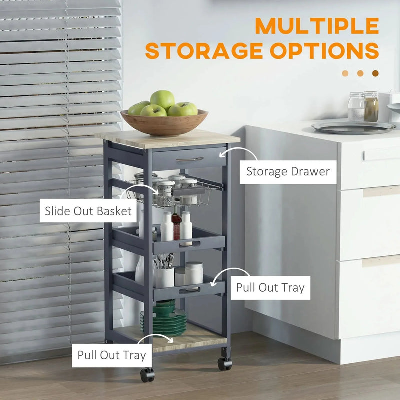 Kitchen Island Cart Wood Top With Drawer & Wire Basket On Wheels Grey