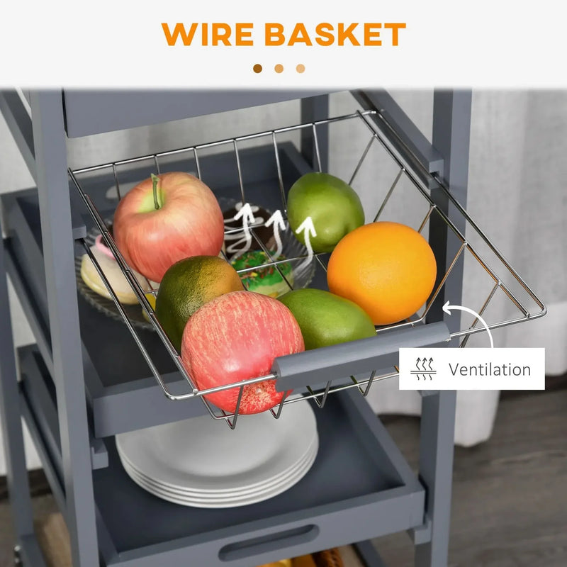Kitchen Island Cart Wood Top With Drawer & Wire Basket On Wheels Grey