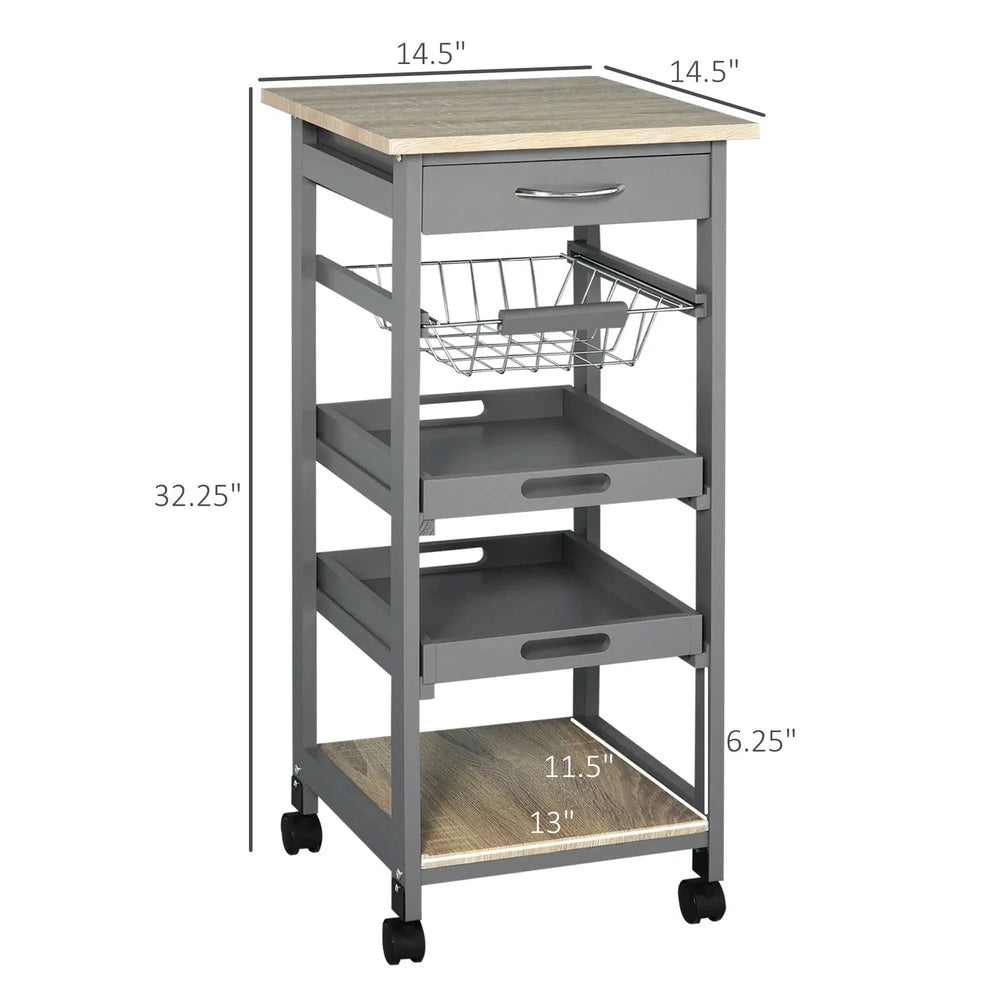 Kitchen Island Cart Wood Top With Drawer & Wire Basket On Wheels Grey Media 9