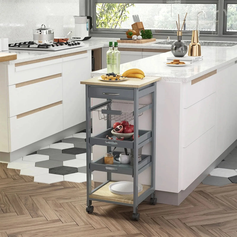 Kitchen Island Cart Wood Top With Drawer & Wire Basket On Wheels Grey