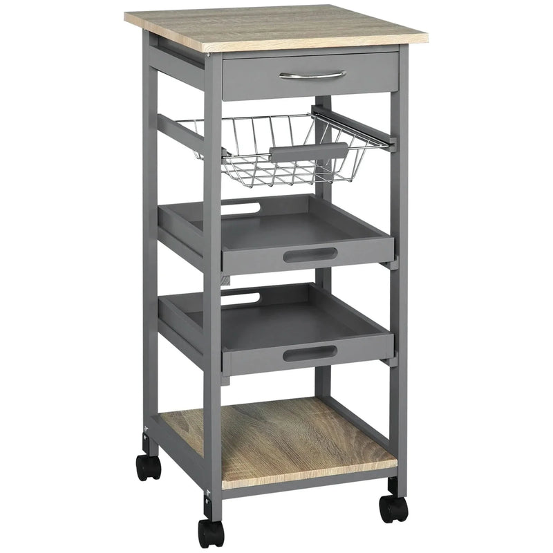Kitchen Island Cart Wood Top With Drawer & Wire Basket On Wheels Grey