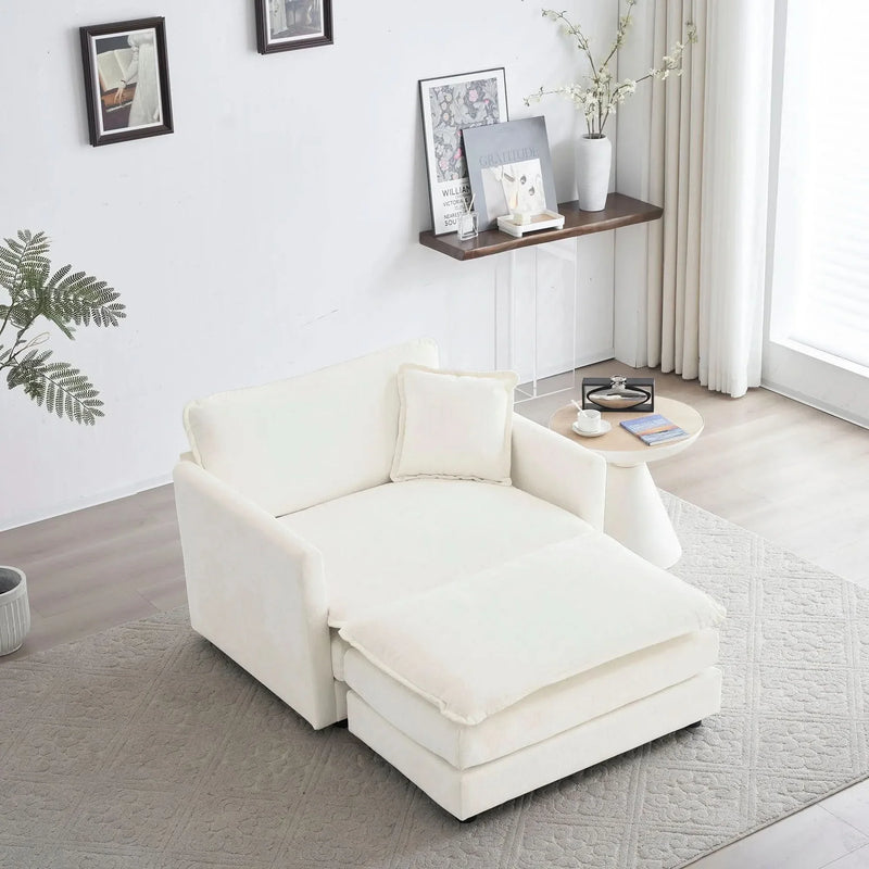 Accent Chair Chenille Upholstered Ottoman Reading Chair For Living Room White