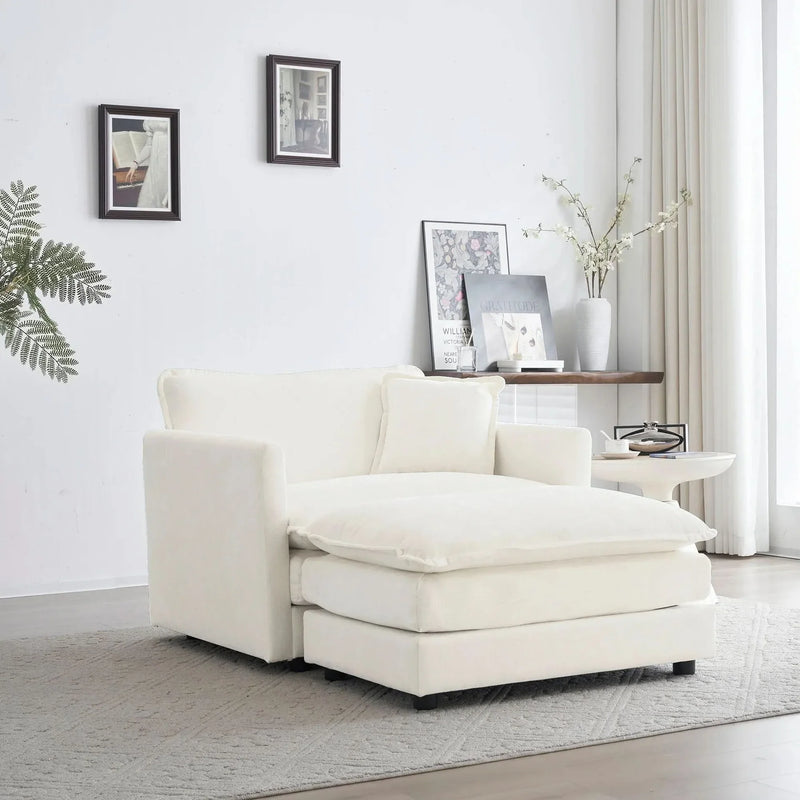 Accent Chair Chenille Upholstered Ottoman Reading Chair For Living Room White