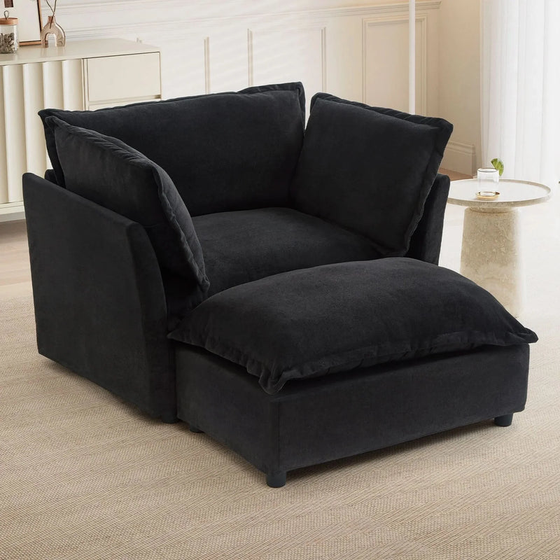 Armchair Sofa Chenille Upholstery Wide Seat & Curved Armrests With Ottoman