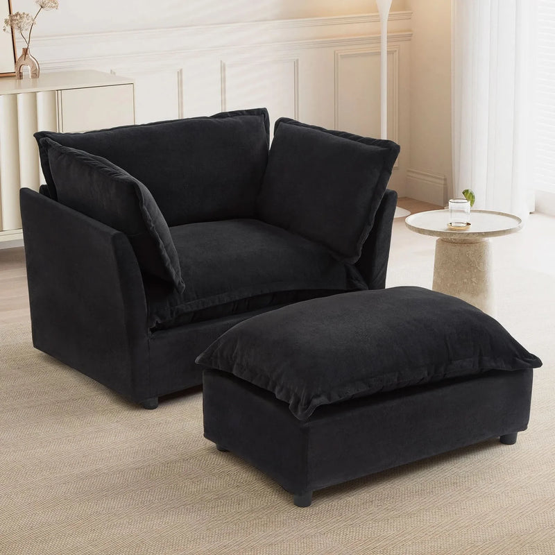 Armchair Sofa Chenille Upholstery Wide Seat & Curved Armrests With Ottoman