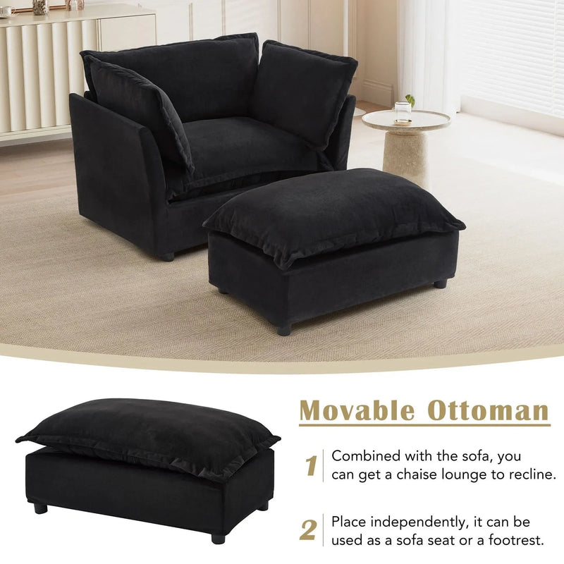 Armchair Sofa Chenille Upholstery Wide Seat & Curved Armrests With Ottoman