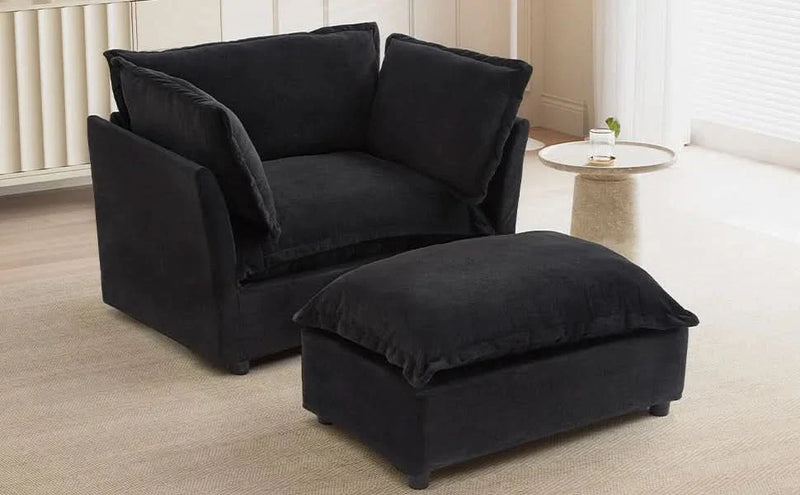 Armchair Sofa Chenille Upholstery Wide Seat & Curved Armrests With Ottoman